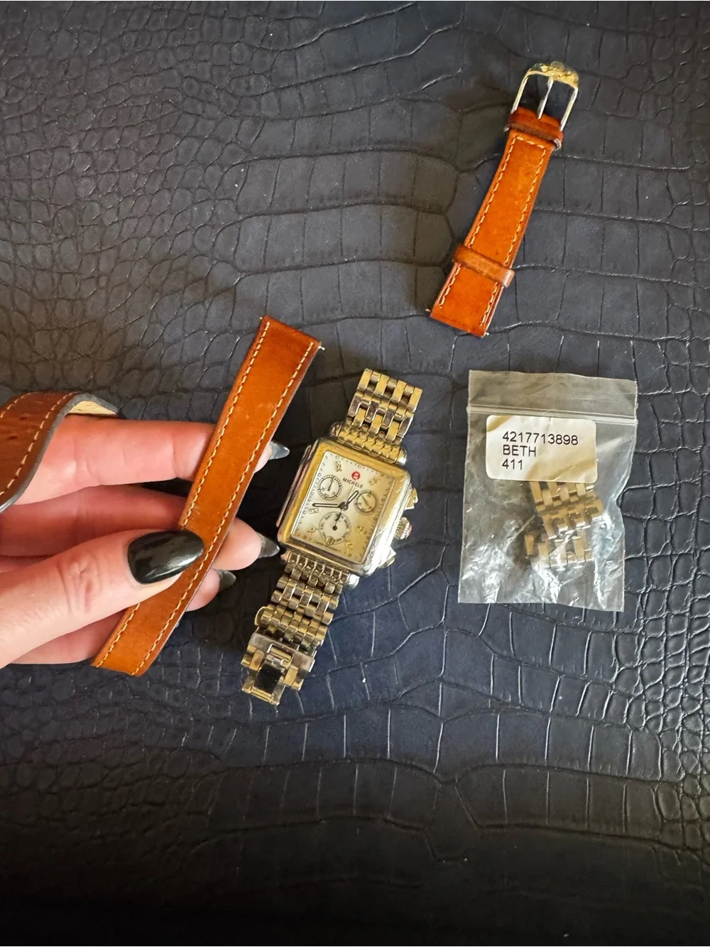 Michele Square Chronograph Watch with Tan Leather Straps